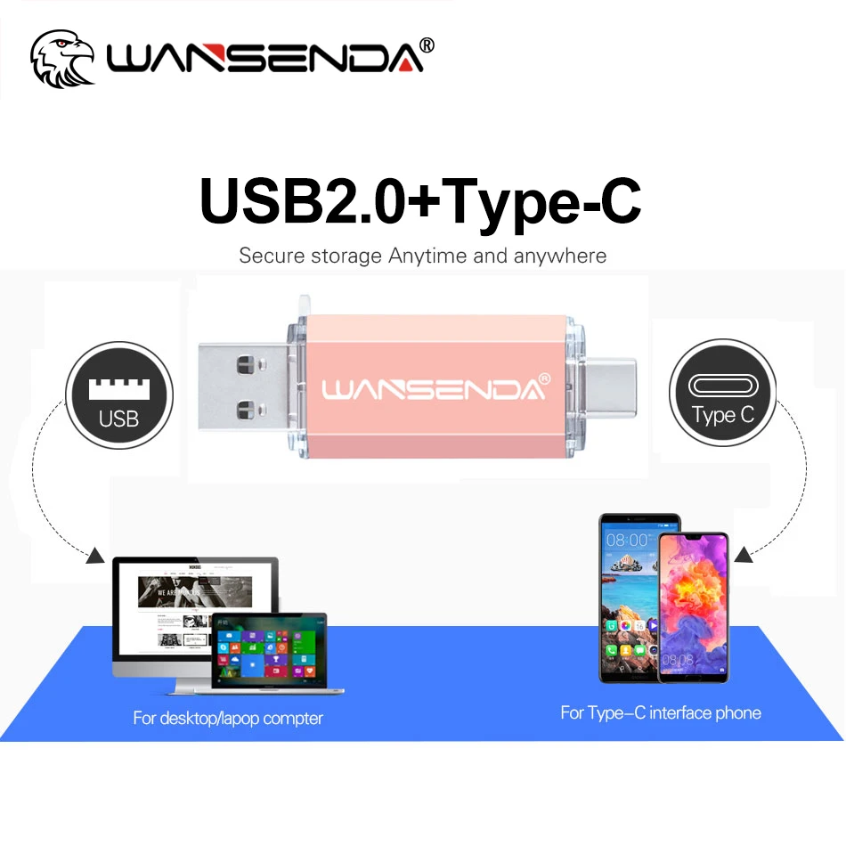 WANSENDA Type C Smart Phone USB 2.0 Flash Drive Metal Pendrive 8G 16GB 32GB 64GB 128GB 2 IN 1 Pendrive Memory Stick Thumbdrive