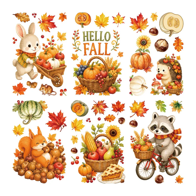 6 Sheets Autumn Window Stickers Featuring Cute Rabbits,Raccoons & Squirrels,Glass Decorations for the Thanksgiving Harvest Theme
