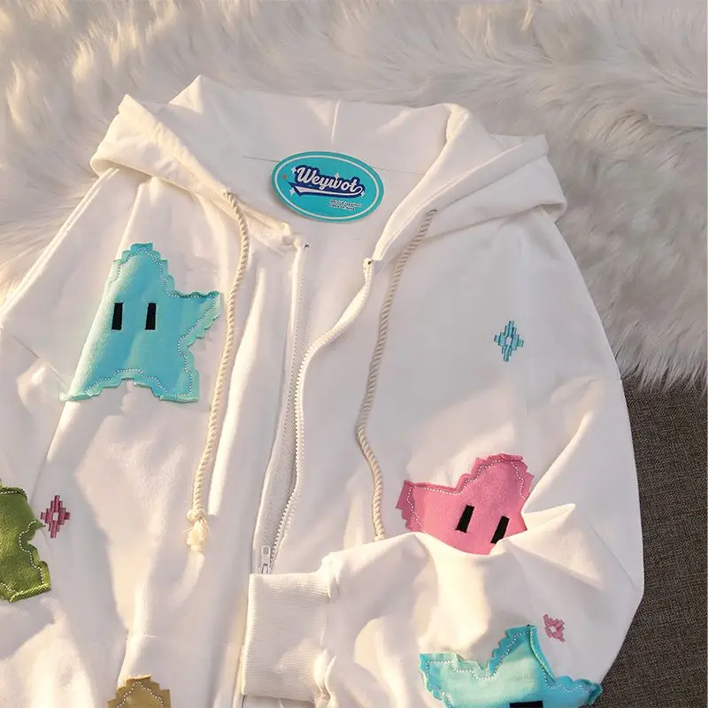 Cartoon Star Patch Cardigan Sweater Women\'s Spring New Fashion Kawaii Pink Couple Lazy Style Hooded Jackets Autumn Coat Clothes