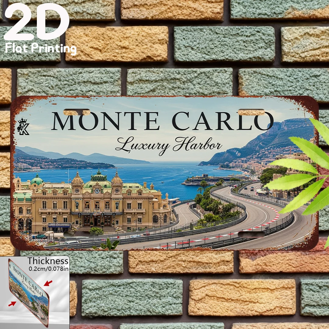 2D Flat - 1pc 2D Flat Posters - 1 Item of 2D Flat Printed Vintage Plate | Monte Carlo Luxury Port Decorative Plaque And Statu