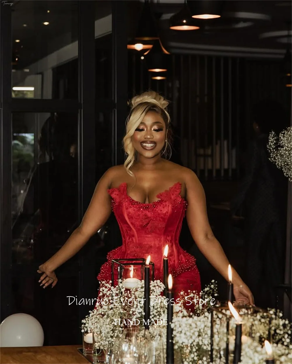 Dianruo-vestido De Noche asimétrico rojo, Sexy, con abertura lateral, encaje, ilusión, apliques, batas con cuentas, personalizado