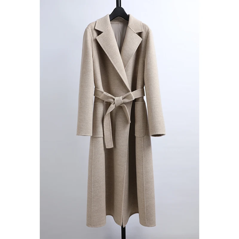 

Awei Clothing Brand Women's Long Double-Faced Cashmere Coat with Waist Belt Hand-Stitched Korean Style Straight Cut Woolen Ou...