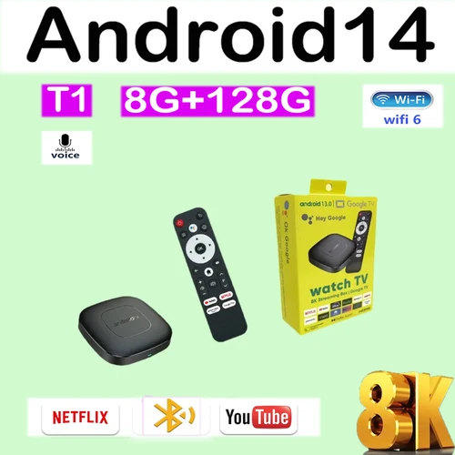Android 14 T1 Smart TV Box Allwinner H313 8G+128GB ROM WiFi Doble (2,4G/5G) Bluetooth 5.4 YouTube Google Reproductor multimedia de voz