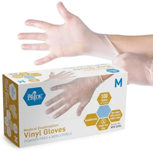 MED PRIDE Vinyl Exam Gloves Medium 100CT - Latex-Free, Powder-Free, Clear Disposable Gloves for Medical & Food Use