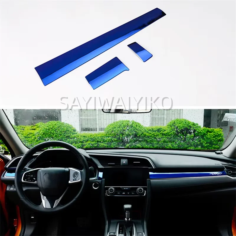 For Honda Civic 2016-2017 3Pcs Stainless Steel Color Car Interior Front Center Control Dashboard Stripe Cover Trim
