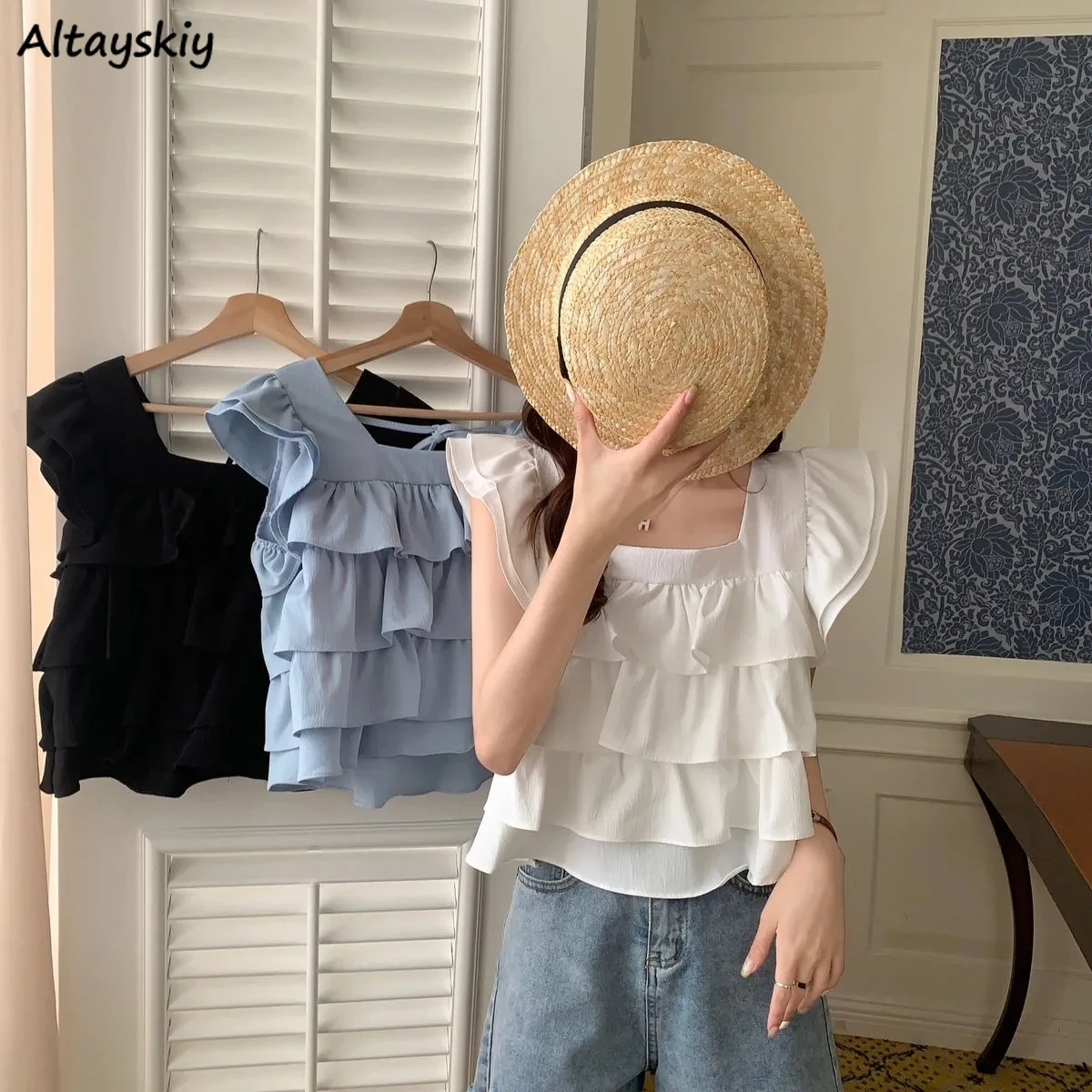 Blouses Women Flying Sleeve Sweet Casual Solid Simple Cute Korean Cloth Slim Summer Girls All-match Hotsweet Ulzzang Shirts