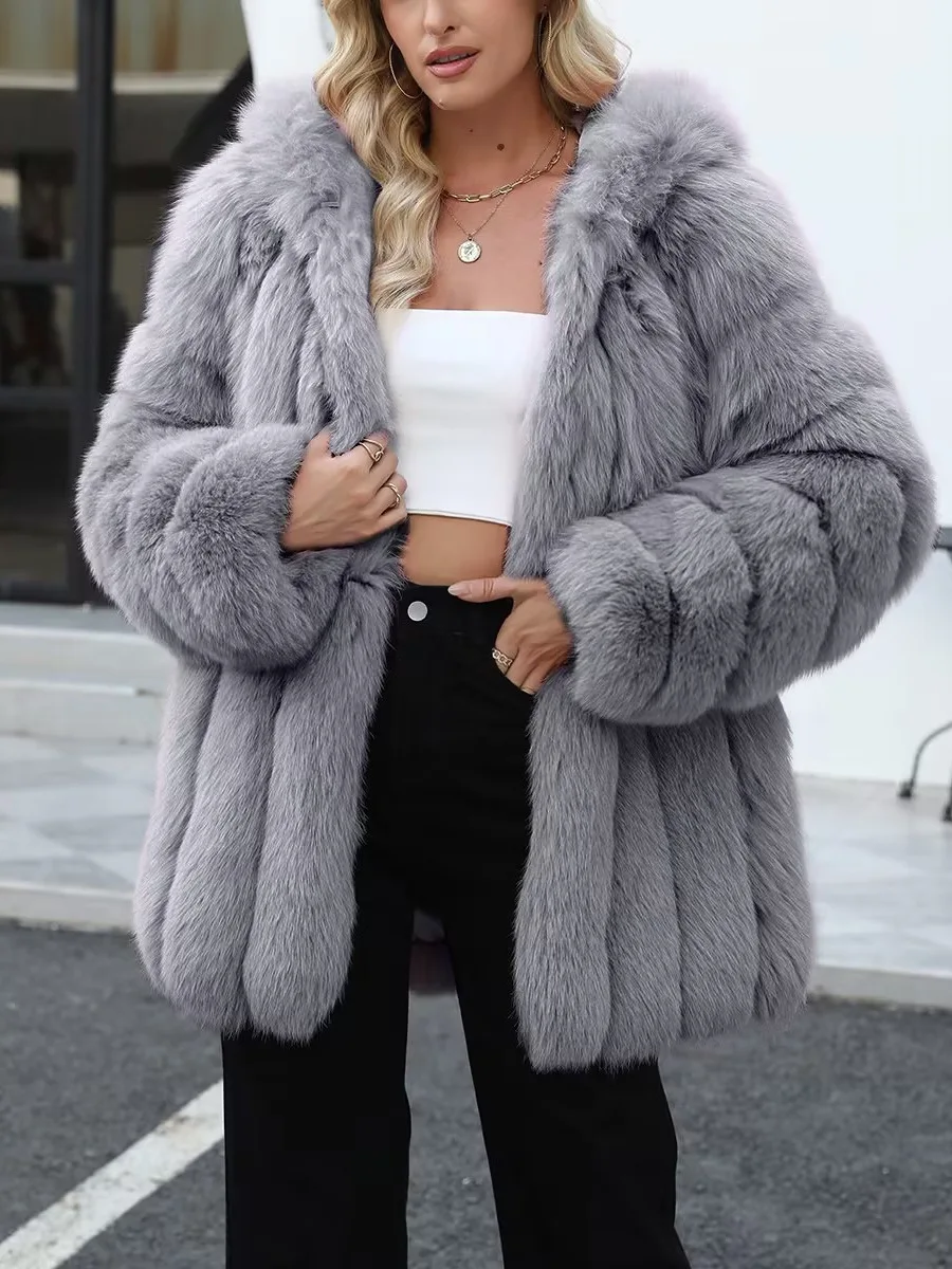 

New Women Faux Fox Fur Winter Coat Quilted Casual Jacket 2026 Warm Thick Hooded Short Coat Fluffy Fur Jacket Lady Outerwear