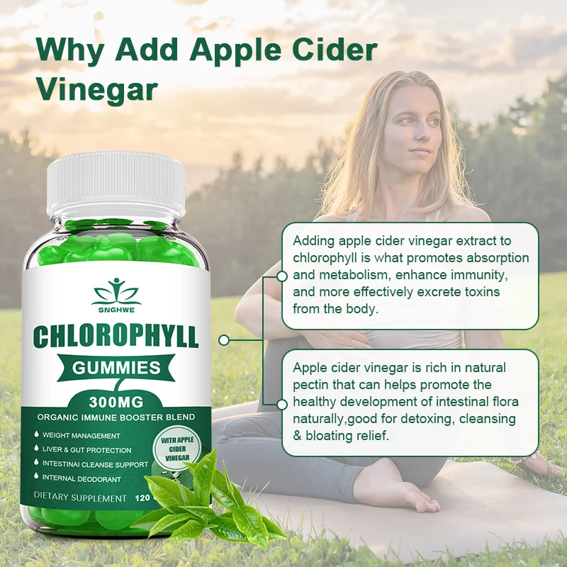 Chlorophyll Gummies-with ACV, Vitamin D3, C, E, B12 - Skin Internal Natural Deodorant, Energy Boost, Immune&Digestion Support