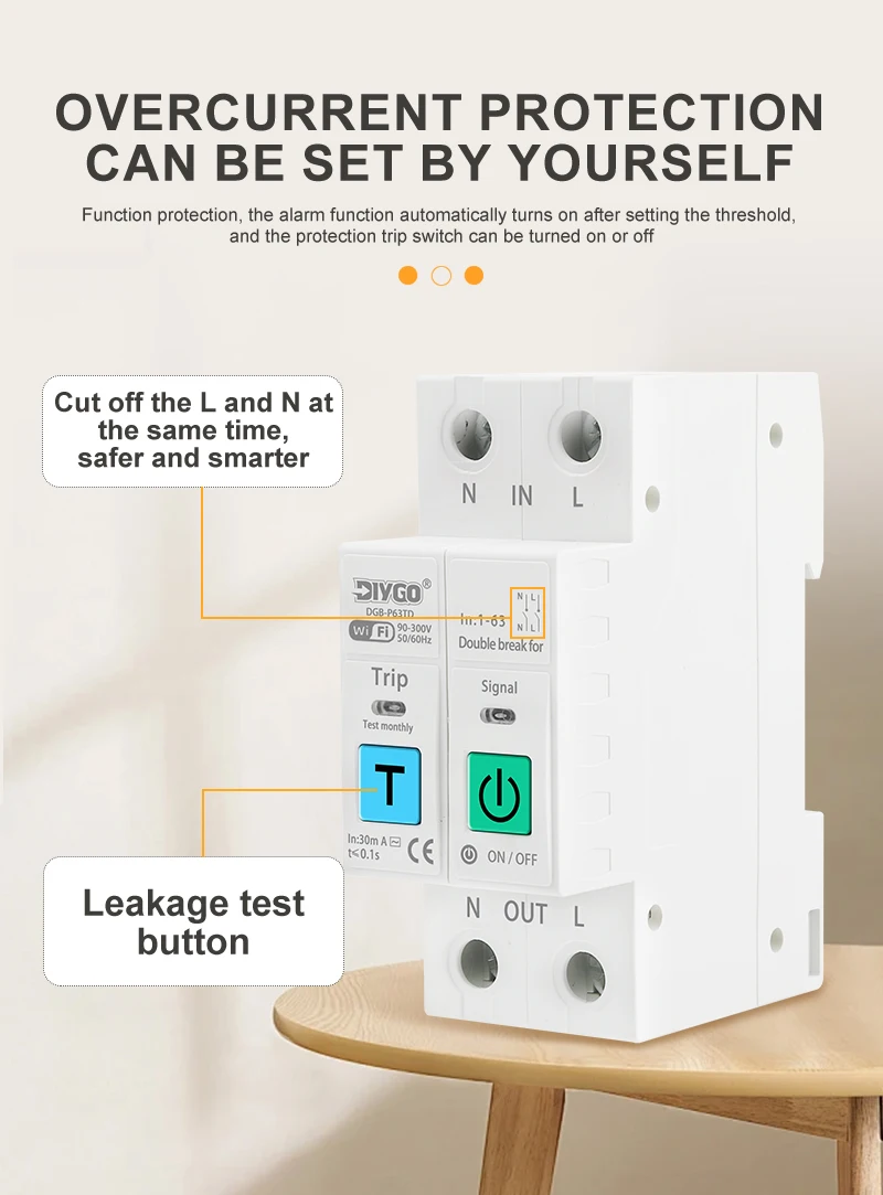DIY GO TUYA 2P Leistungsschalter WIFI Smart Switch 1-63A Energiezähler Spannungs- und Stromüberwachung Leckageschutz Relais-Abschaltung L+N – Detail 5