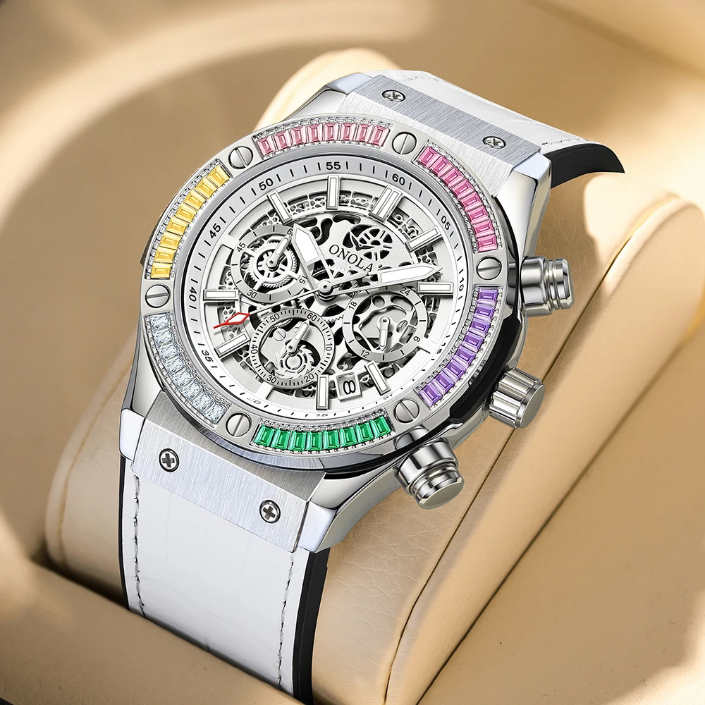 

ONOLA 6855, модные цвета, кварцевые мужские часы с бриллиантами, многофункциональный календарь, водонепроницаемые полые часы для мужчин, reloj de hombre