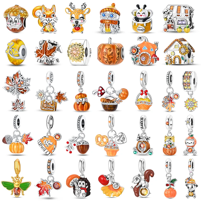 

Autumn New 925 Sterling Silver Brown Maple Leaf Pumpkin Bee Charms Bead Fit 3mm 925 Original Bracelets DIY Jewelry Warm Gift