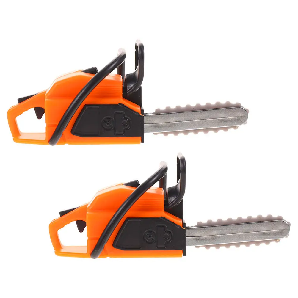 2Pcs Mini Lawn Mower Style Chainsaw for Fairy Garden Working Scene Realistic Detailing Home Office Decor Collection Item