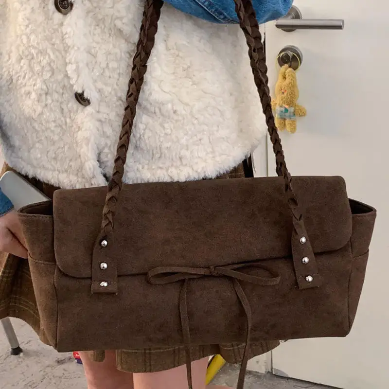 

Korean New Fashion Shoulder Bag With Bow Vintage Faux Suede Tote Bag For Women Woven Rope Handbag Simple Versatile Underarm Bag