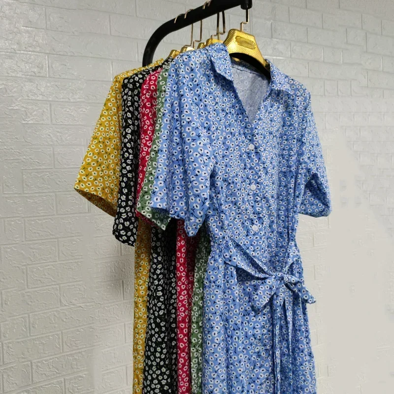 فستان مُزين بطباعة 2023 لربيع وصيف 2023، فساتين متأرجحة كبيرة للعطلات بأكمام قصيرة ورقبة على شكل حرف V للنساء