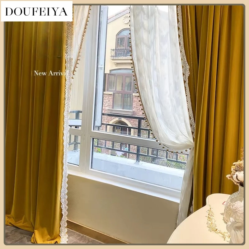 

French Ginger Velvet Luxury Blackout Curtains for Living Room Bedroom Vintage Thick Fabric Flannel Fashion Lace Tulle Custom