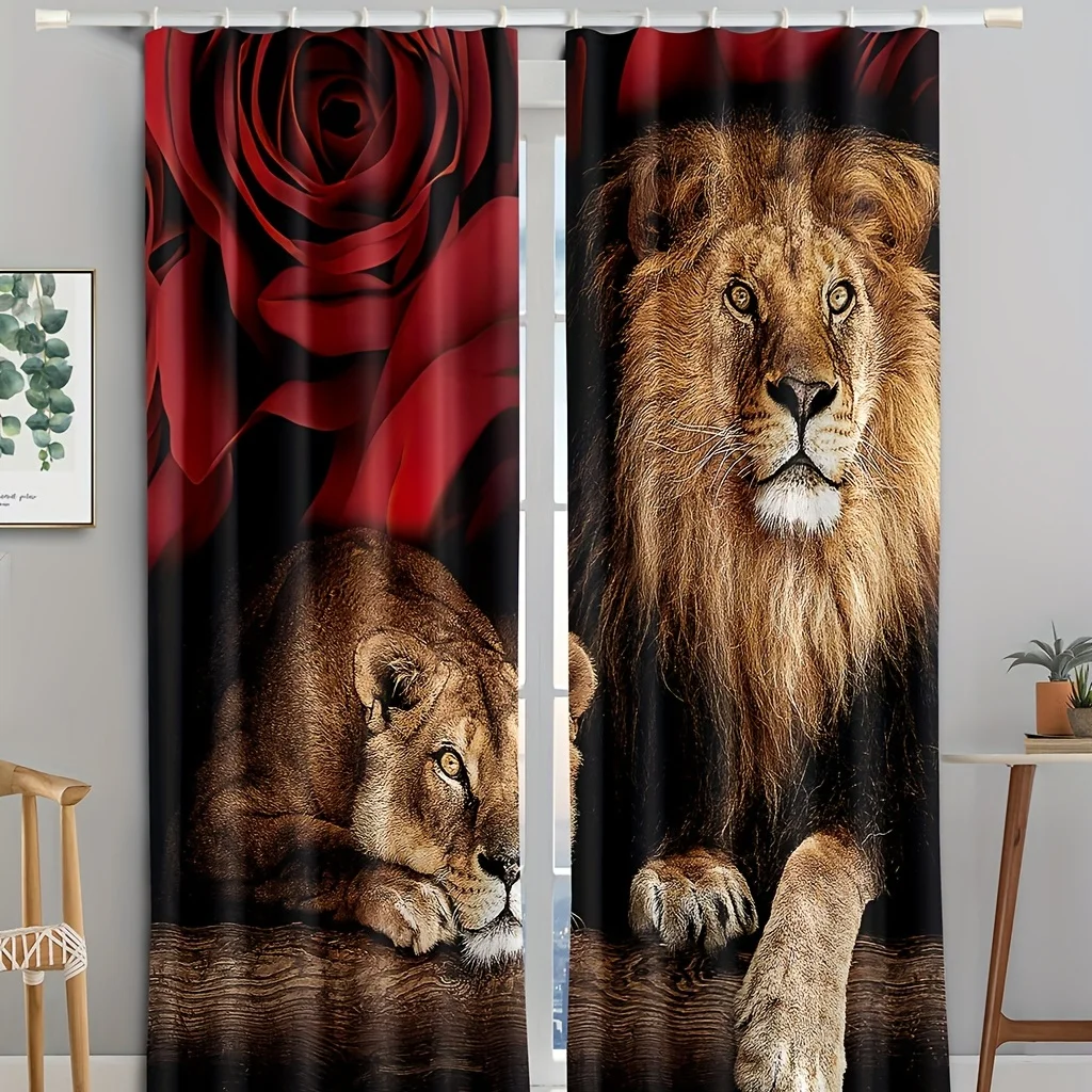 

Transform Your Home with 2pcs Lion Red Rose Print Curtain - Includes Free Accessories! 2023 New Fashion