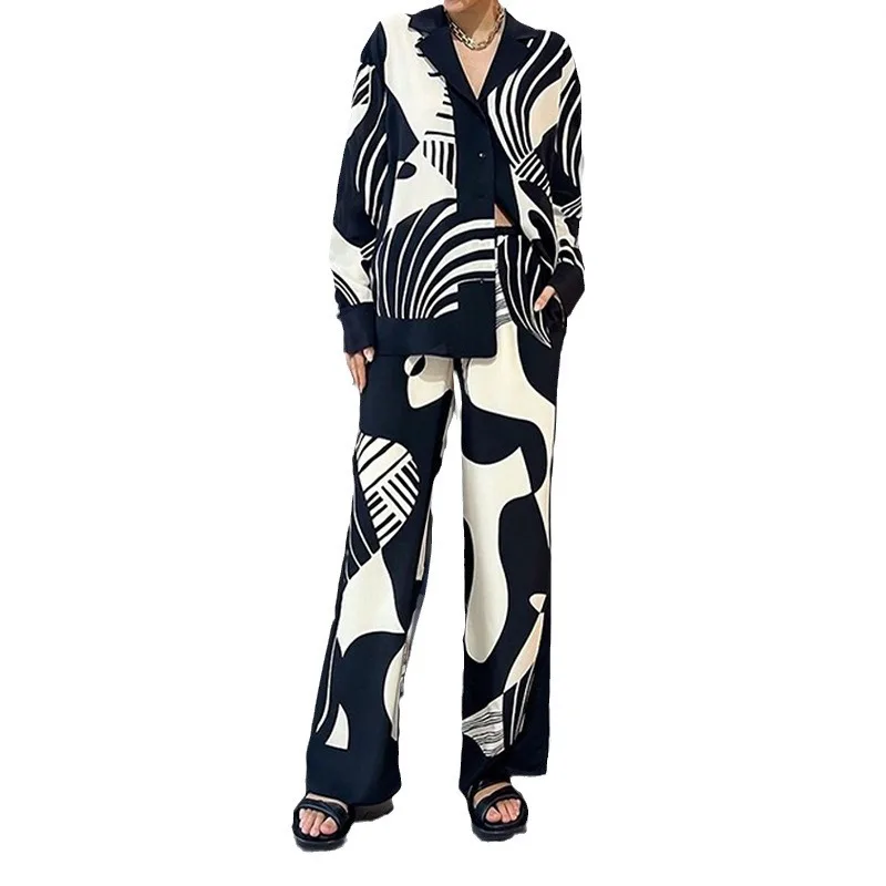 2025 Europe and the United States Women's New Temperament Trend Lazy Wind Printed Shirt Long-sleeved Fashion Suit Female Two Pie