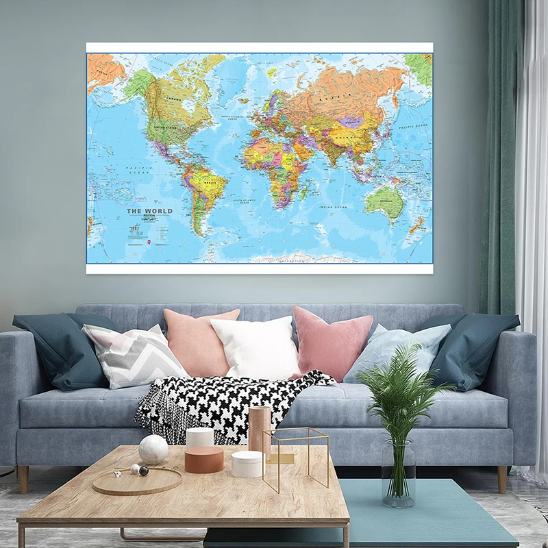 Póster detallado del mapa del mundo, lienzo no tejido, pintura, arte de pared, decoración del hogar, dormitorio, regalos de viaje, 150x90cm