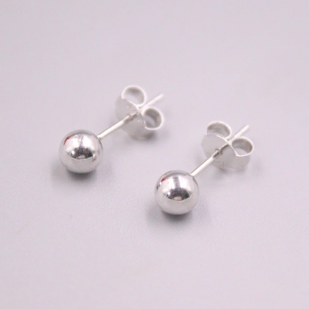 Real Pure 18K White Gold Stud Women Lucky 5mm Glossy Round Bead Ball Earrings 1.21g