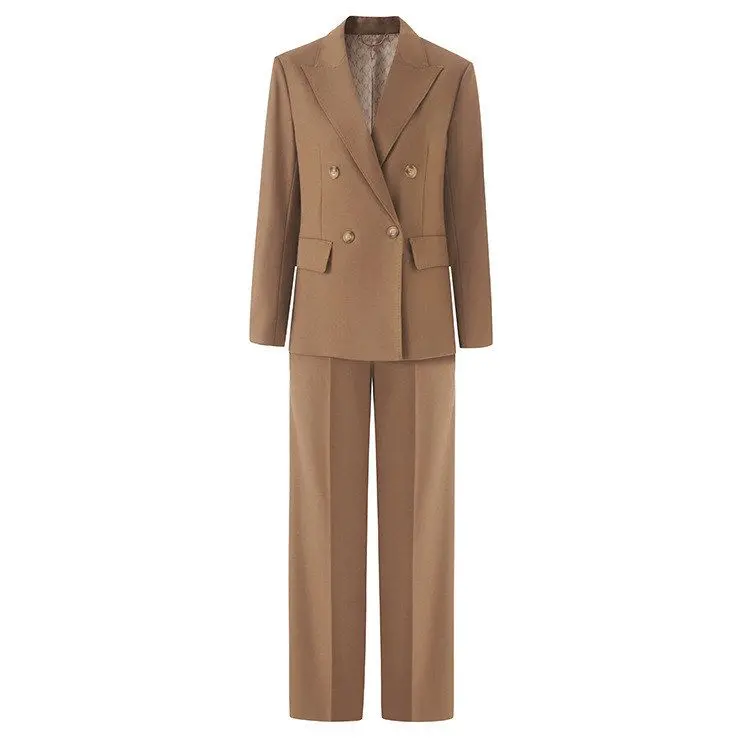 Women's Wool Blend Suit Straight Leg Double Breasted Commute Workwear Ensemble Long Sleeve Long Pants Professional Look