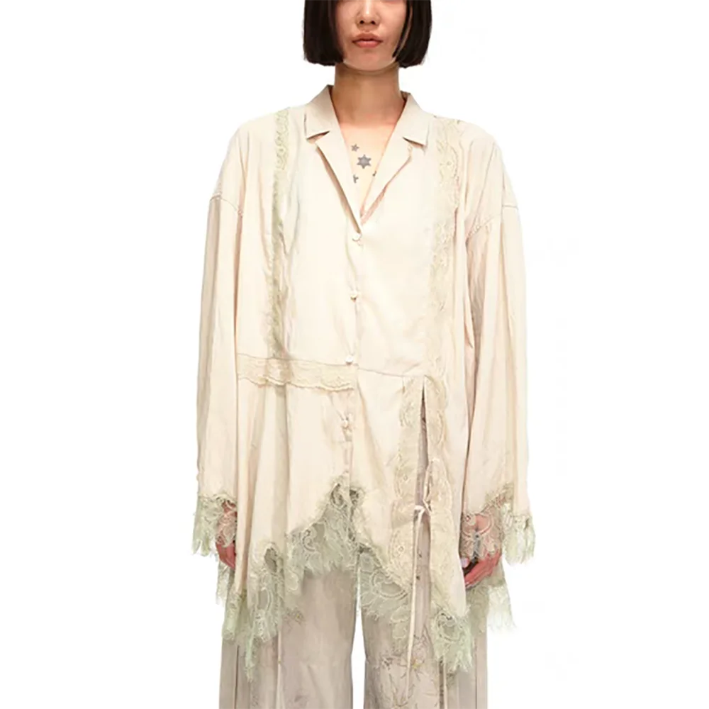 Camisa de seda para mujer Y2K con borde de encaje y lazo, blusa holgada elegante para ir al trabajo, Tops con empalme Irregular, novedad de primavera 2025