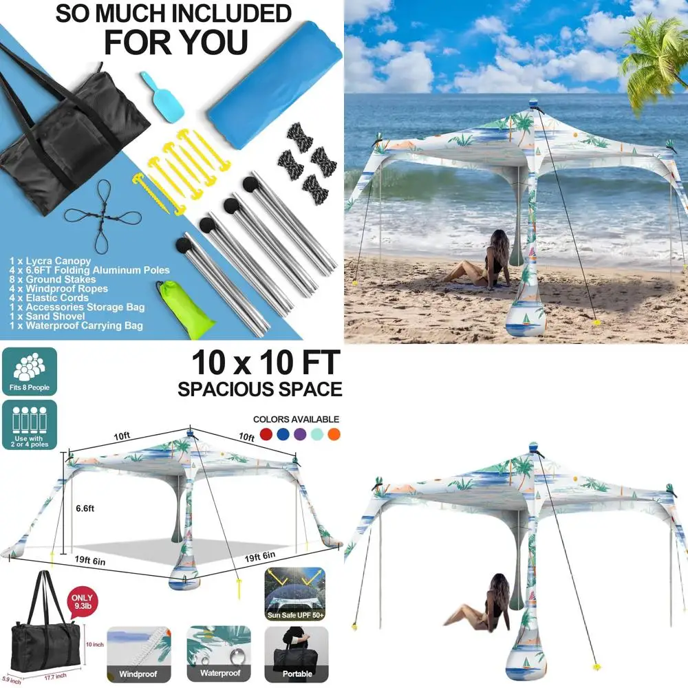 

Портативная пляжная палатка-тент 3х3 м с защитой от солнца UPF50+, 4 складными опорами, сумкой для переноски, креплениями для песка и ветрозащитными веревками для улицы