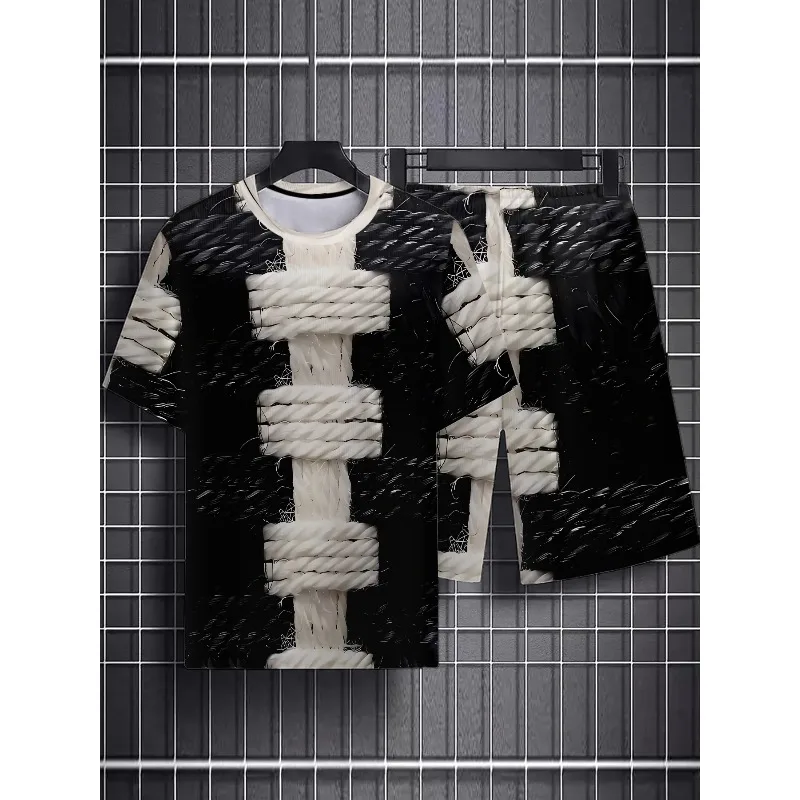 Summer 2025 Men's 3D Printed Short Sleeved T-shirt and Shorts Set for Casual Sports and Breathable Outdoor Activities