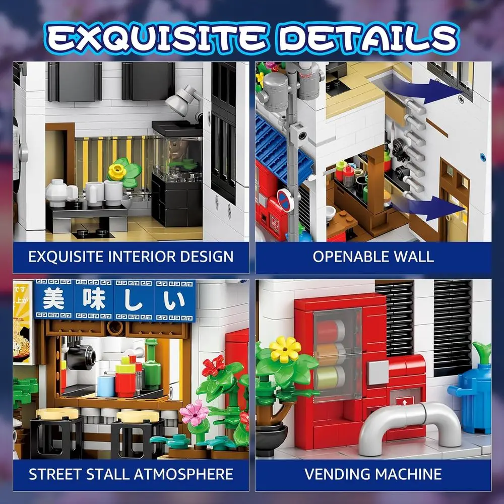 Zestaw do budowania 2w1: Japońska Restauracja Ramen i Dom z Widokiem na Ulicę z Oświetleniem, Architektura w Japońskim Stylu, Idealny Prezent dla Dzieci od 14 Lat