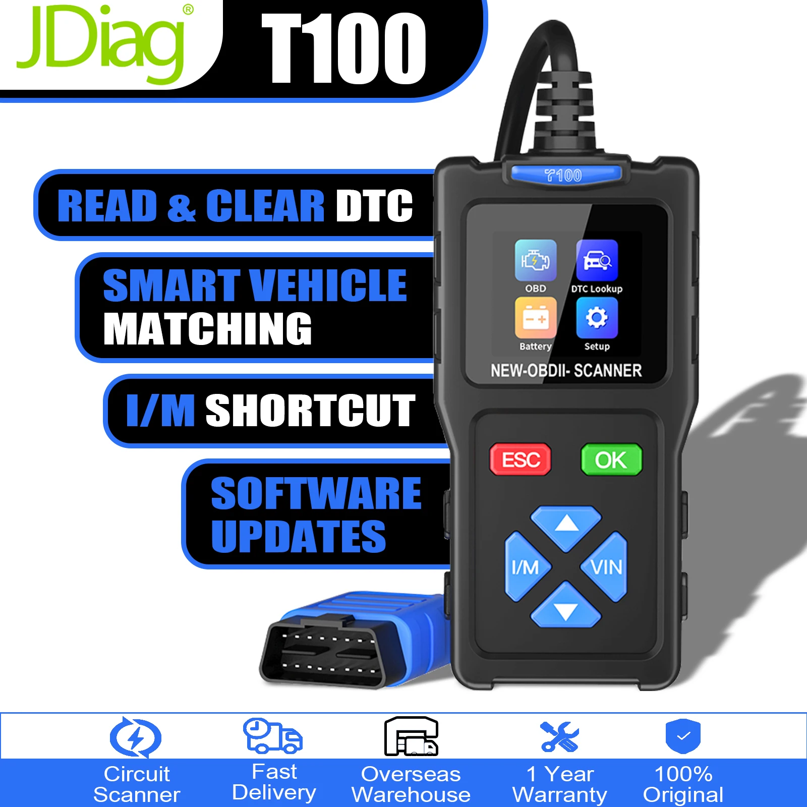 JDiag T100 OBDII Vehicle Scanner Code Reader Clean DTC I/M Shortcut 9 Protocols Support 13 Language Automotive Diagnostic Tool