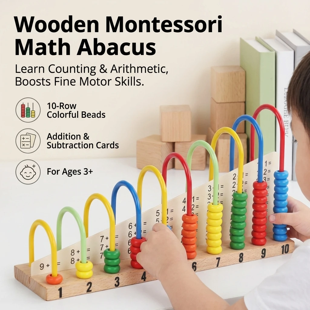 Natural Wooden Abacus For Kids Montessori Math Learning Tool, 10 Row Bead Counter For Addition Subtraction, Ages 3 Up