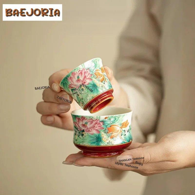 BAEJORIA 1PC Famille Rose Lotus Rhyme Teacup Creative Tea Bowl Tea Pair Tea-tasting Meditation Cup Jianzhan Master Cups Tea Gift
