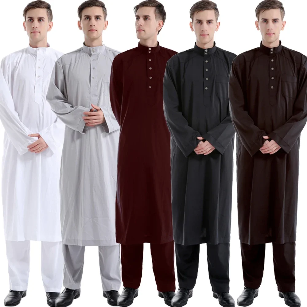 Baju Muslim Pria Lengan Panjang Jubah Celana Thobe Islami Dubai Saudi Kaftan Turki Abaya Kostum untuk Lebaran Ramadan