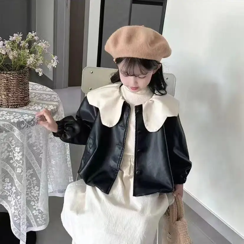 Jaket PU Anak Perempuan Musim Semi dan Gugur 2025 Model Baru Mantel Kulit Kerah Anak-anak Pakaian Luar Anak Usia 2-7 Tahun