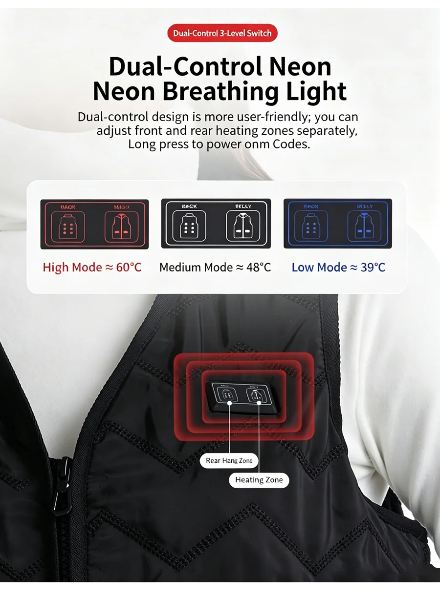 8 Heizzonen USB Elektrisch Beheizte Weste für Männer und Frauen 3-Stufen-Temperaturregelung Unisex Winter Warme Thermoweste für Outdoor-Aktivitäten – Detail 12