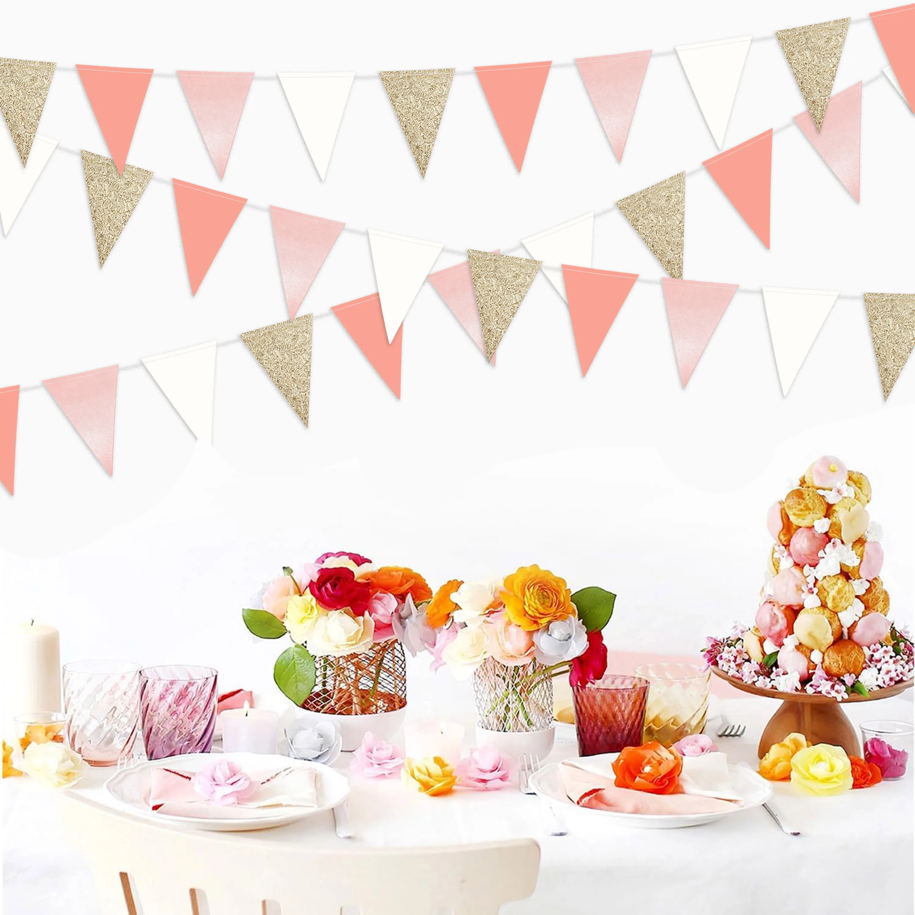 10ft Vintage Wimpelbanner Roségold Rosa Partydekorationen Papier Dreiecksflaggen Wimpelkette für Boho Babyparty Mädchenzimmer Kinderzimmer – Detail 4