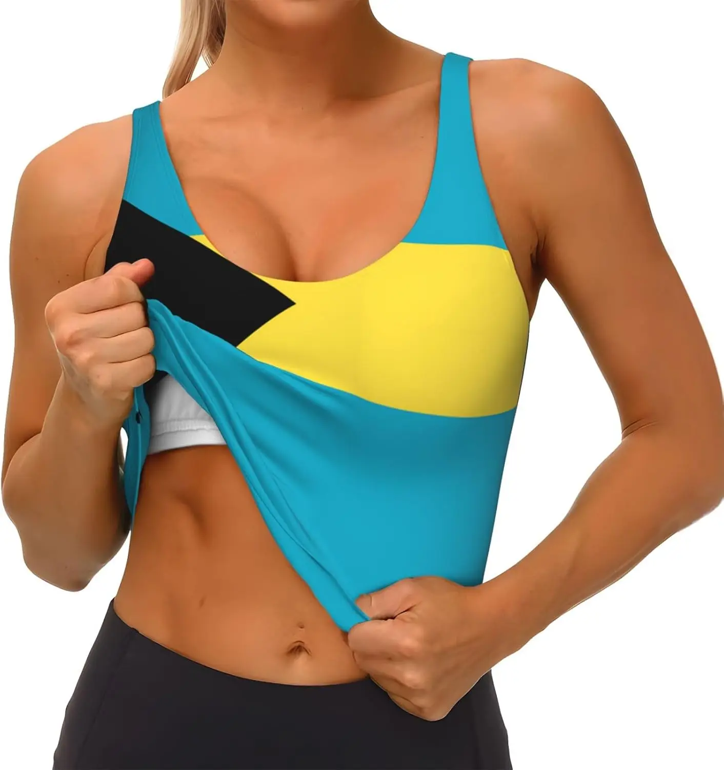 سترة رياضية نسائية بعلم البهاما، حمالة صدر رياضية مع ظهر على شكل حرف U وحشو قابل للإزالة، قمصان بدون أكمام لليوجا واللياقة البدنية والبيلاتس