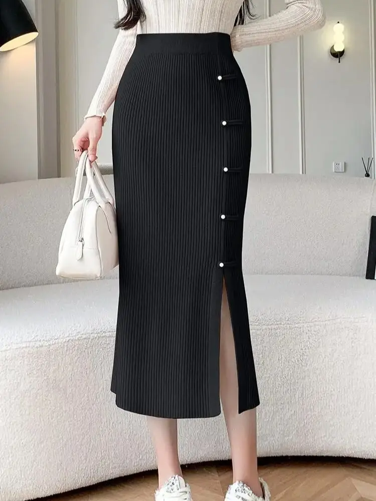 

Solid Color Ribbed Knit Pencil Skirt Women Autumn Spring High Waist Elegant Slim Fit Long Skirt Streetwear