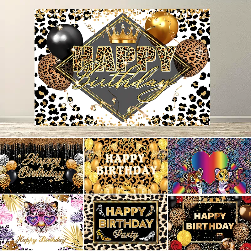 

Happy Birthday Backdrop Leopard Golden Glitter Balloon Background for Woman Party Decoration Supplies Banner Photo Studio Props