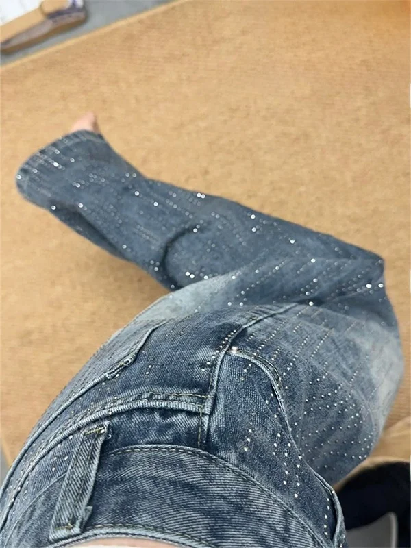 

Retro American Glitter Splicing Denim Pants Women Summer Fashionable All-Match Shiny Floor-Length Pants High Waist Wide Leg