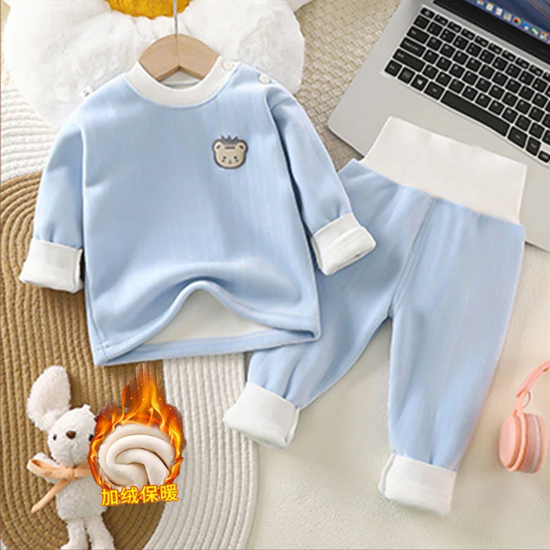Children\'s Thermal Underwear Set Clothes Autumn Winter Baby Thickened Suit Boy Girl Plus Velvet Top Pants 2Pcs Outfits Clothing