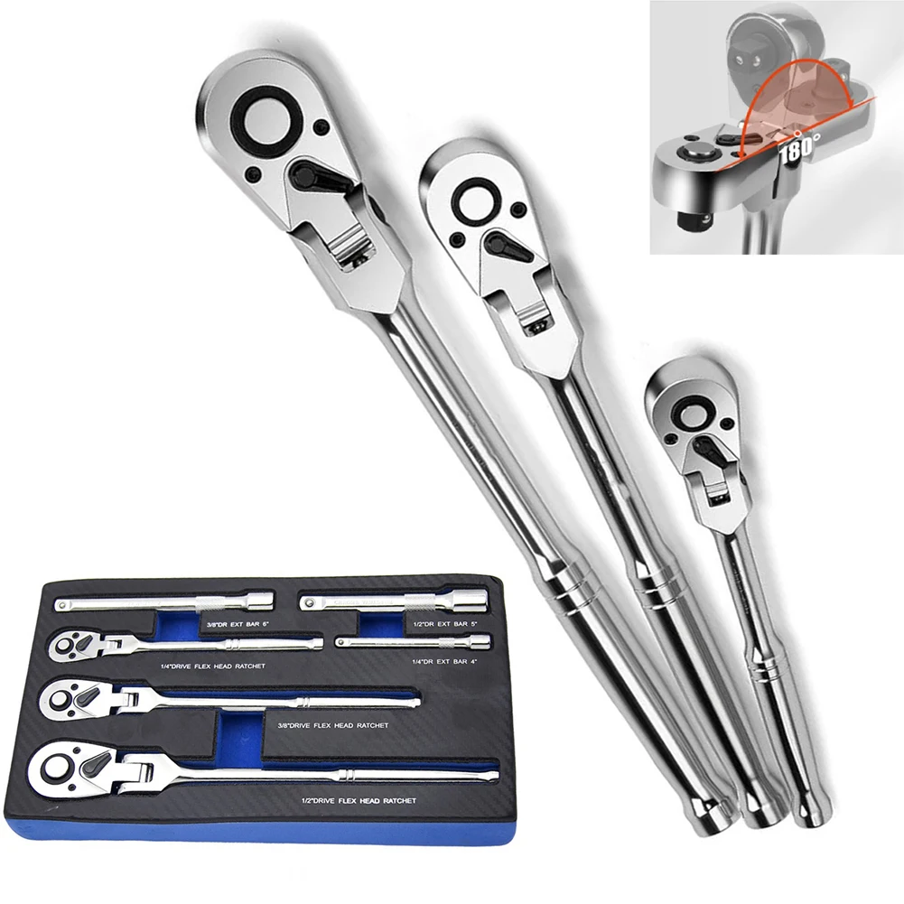 

6PCS 72 Tooth Ratchet Wrench Steel 1/4 3/8 1/2inch Driver Rocking Head Ratchet Wrench Set With Quick-release Button Hand Tools