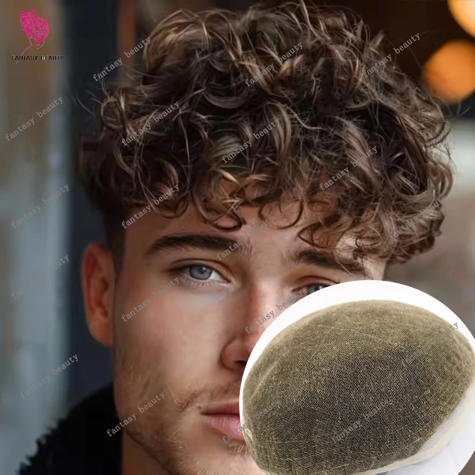 

Дышащий мужской парик-накладка из натуральных человеческих волос, 25 мм, с кружевной основой Full Swiss Lace, невидимый, с отбеленными узелками, система Capillar Proth, цвет блонд-серый