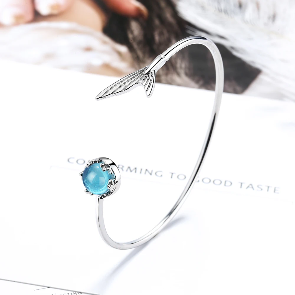 Round Natural Blue Topaz 925 Sterling Silver Mermaid Foam Fish Tail Open Bangle for Women Fashion Gemstone Jewelry Party Gift