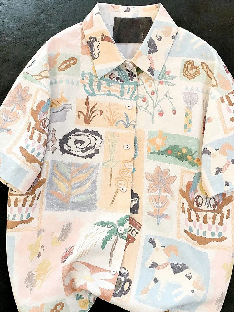 Streetwear Hand Painted Y2K Shirt Women Vintage American Hip Hop Loose Blouse Summer Short Sleeve Oversize Haranjuku Cute Tops