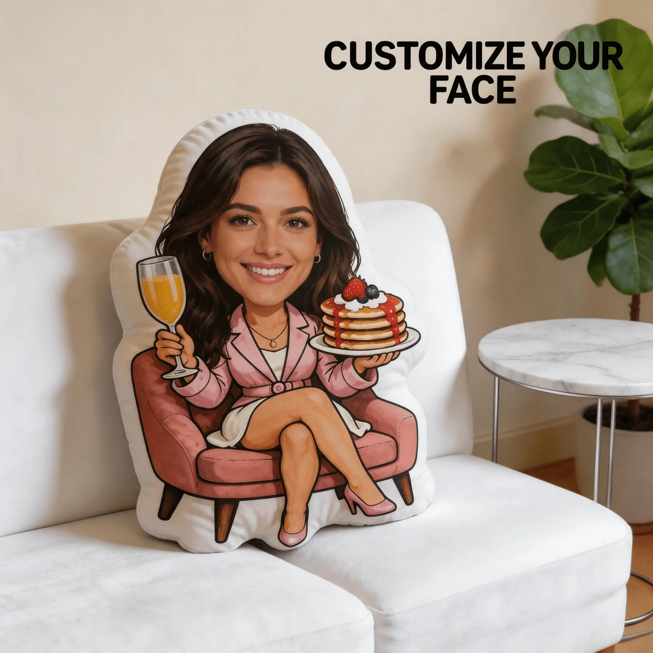 Custom Personalized Photo Face Pillow, Cartoon Character with Wine And Pancakes Custom Shaped Decorative Cushion, 60CM Home Deco