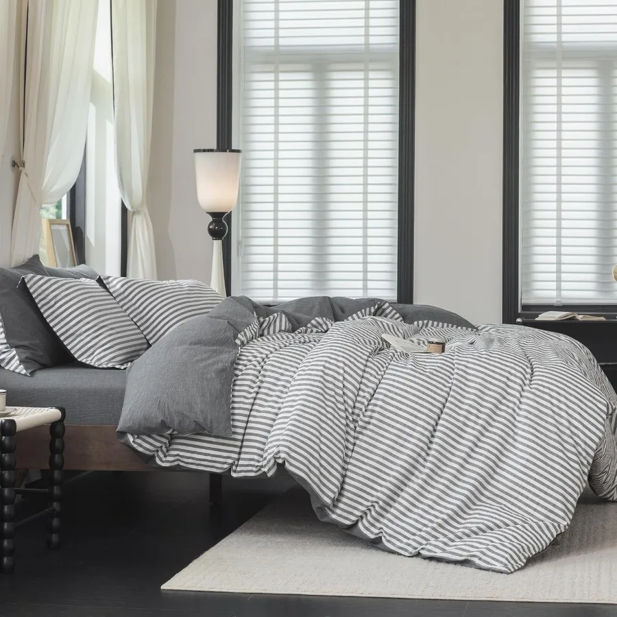 

Reversible Duvet Cover Set in Queen Size with Zipper Closure for Modern Bedroom Decor 100 Washed Cotton with Linen Feel Dark Gr