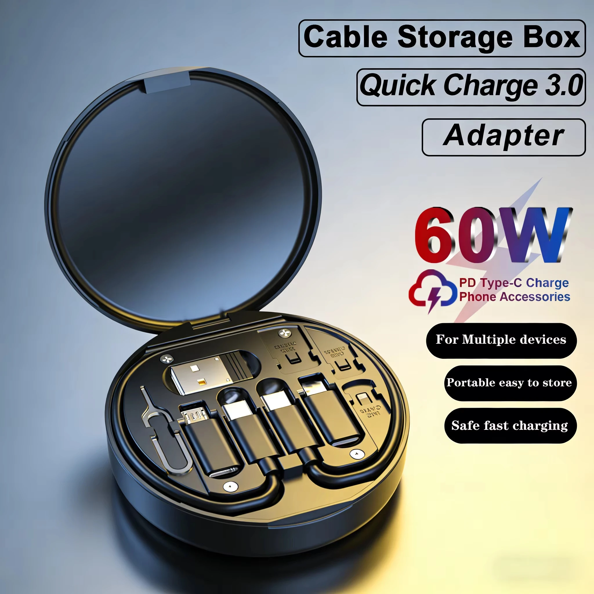 60W 6-in-1 Fast Charging Cable, USB-C/Type-C to USB/Lightning Portable Data Cord Storage Box for iPhone Samsung Huawei Xiaomi