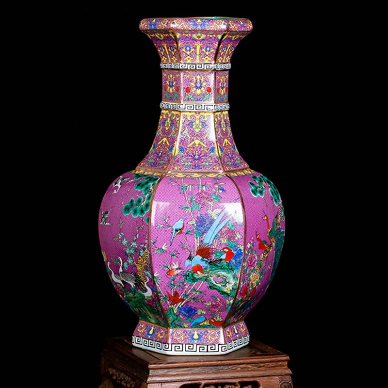 Classic Large Ceramic Vase Chinese Style Antique Qianlong Pastel Enamel Hexagonal Porcelain Vases Living Room Decor Folwer Pots