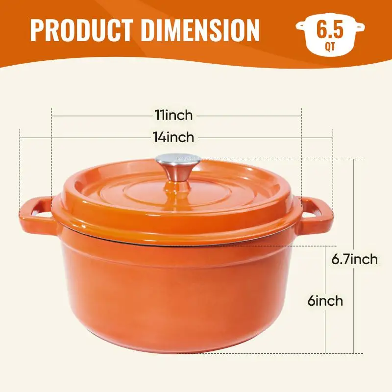 6.5 Quart Cast Iron Dutch Oven with Lid, Enameled Cookware for Baking and Cooking, Non-stick Design, Dual Handles, Perfect for