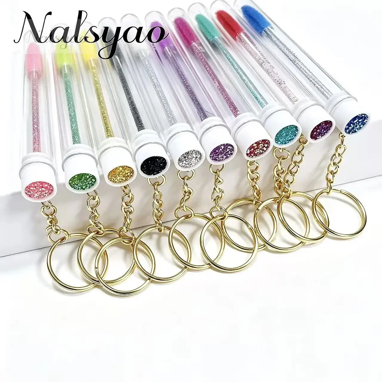 10 Pcs Tube Eyelash Brush Gold Keychain Makeup Tools Glitter Mascara Wand Lash Extension Micro Comb Container